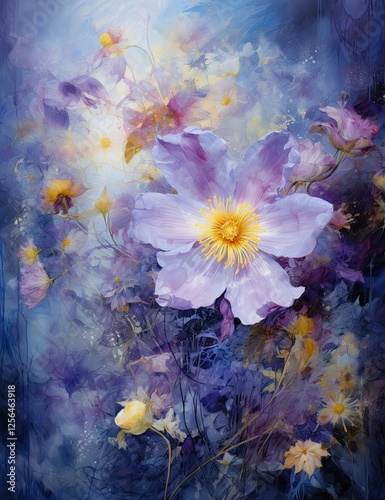 purple yellow woodland flower, richly detailed backgrounds, mystical spring landscape.