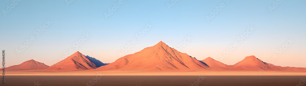 Naklejka premium A panoramic view of desert mountains against a serene sky, creating a landscape of sand and rock formations under the soft glow of light.