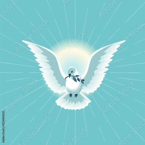 Holy Spirit Dove with olive branch vector icon. Christian holiday Pentecost Trinity Sunday concept. Church sacrament hope belief symbol. Biblical flying spiritual dove religion greeting illustration