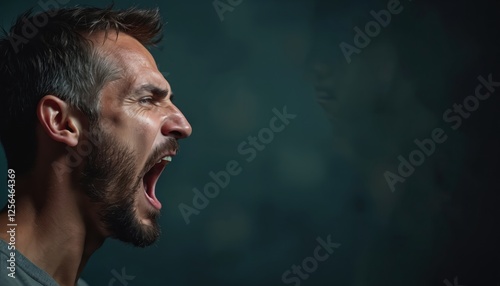Side profile close-up of man with open mouth yells intensely against dark moody background. Detailed capture facial features, emotion, strong voice. Expressive character shouts with power. Sharpened
