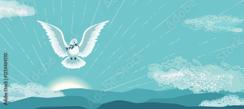 Flying Dove Holy Spirit hand drawn vector illustration. Lent Holy Week, Pentecost, Trinity Sunday concept. Dove with olive branch sacrament biblical symbol. Christian church celebration background