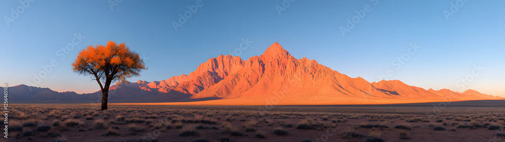 Naklejka premium Lone tree stands against the backdrop of desert mountains. A serene landscape bathed in warm sunlight.