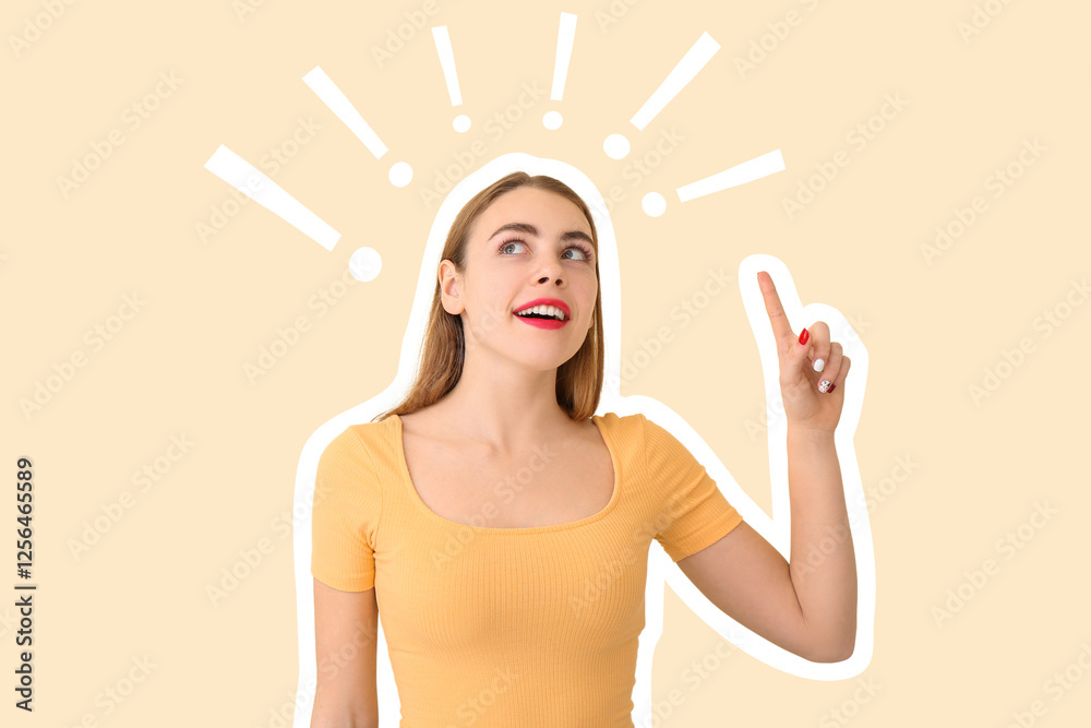 Beautiful young woman with raised index finger on color background Beautiful young woman with raised index finger on color background