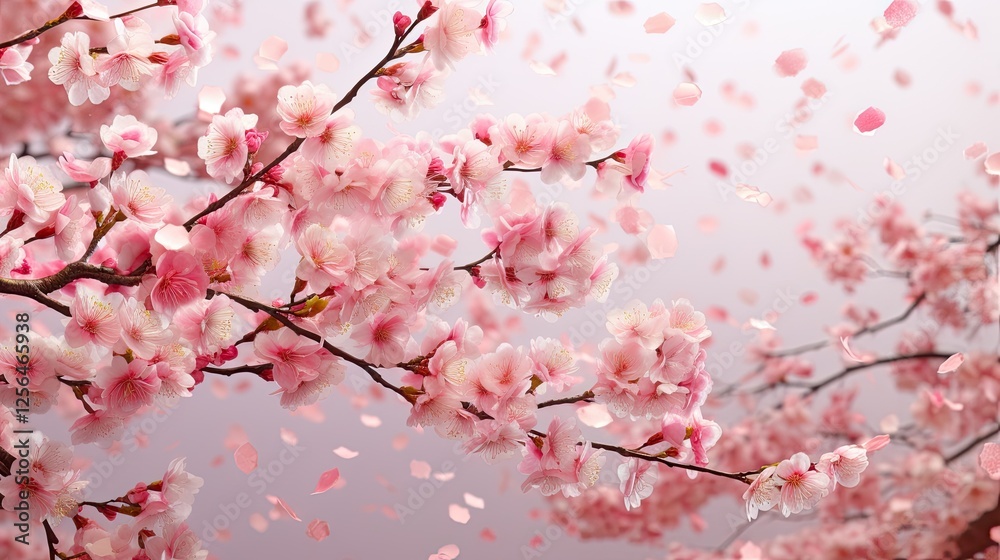 Blurred pink petals on pastel background of blooming cherry tree Blurred pink petals on pastel background of blooming cherry tree