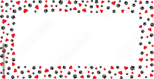 Rectangular frame with pet paw prints and bone and red heart with blank space for text. Silhouette border of dog or cat paw prints Pet paw prints frame for decorating shop windows, websites. Vector