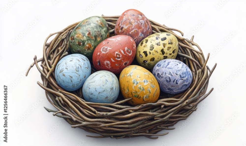 Obraz premium A nest of eggs with a variety of colors and patterns