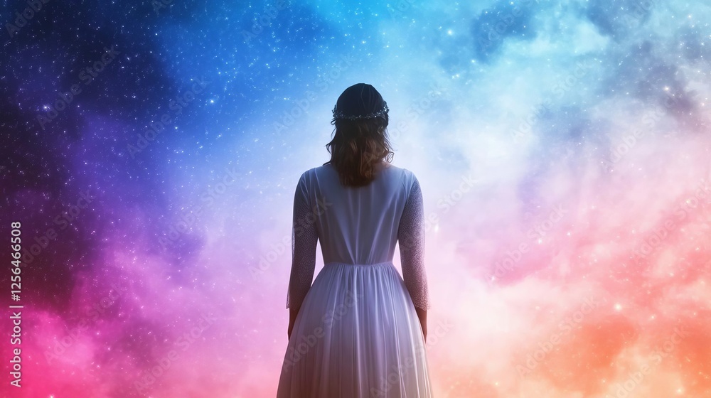 Glowing goddess of the stars, ethereal radiance illuminating a cosmic sky