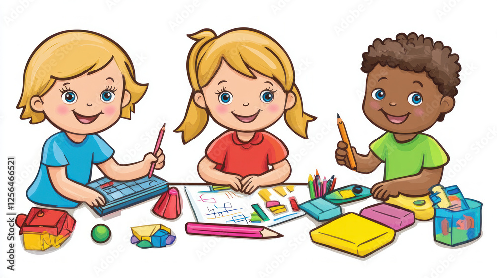 Kids draw and make crafts. Children with educational toys and school supplies for creativity. Background for preschool and kindergarten or art classes. Boy and girl play at home or daycare Kids draw and make crafts. Children with educational toys and school supplies for creativity. Background for preschool and kindergarten or art classes. Boy and girl play at home or daycare