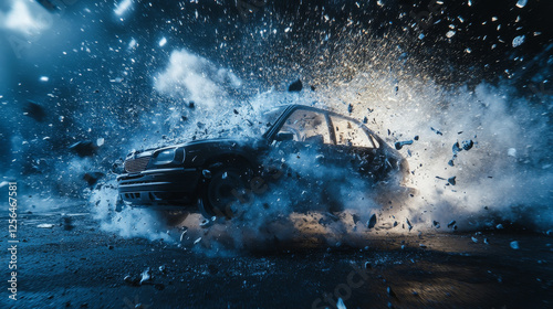 Car illustration transforming into small pieces. Particles fly off from the car in the form of turbulence