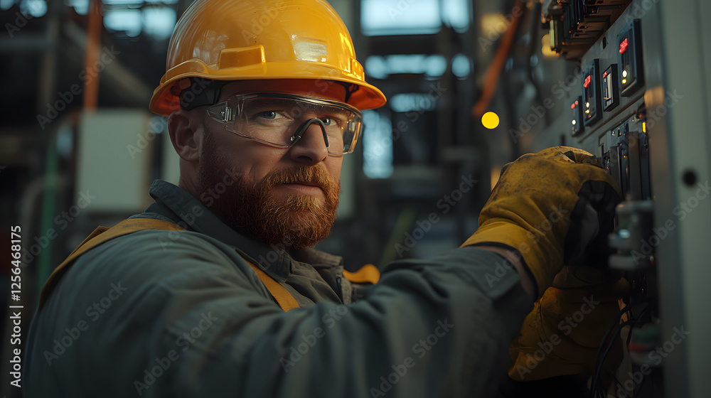 Industrial worker operating machine panel in factory setting wearing safety gear. Close up on man turning on machinery, operating power controls. Industrial worker operating machine panel in factory setting wearing safety gear. Close up on man turning on machinery, operating power controls.