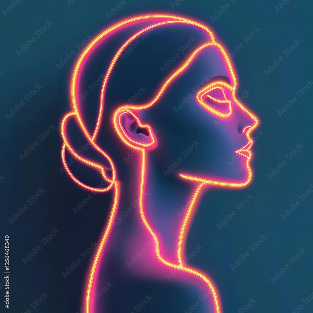 Obraz premium Human profile with glowing neon outlines, high-contrast digital portrait