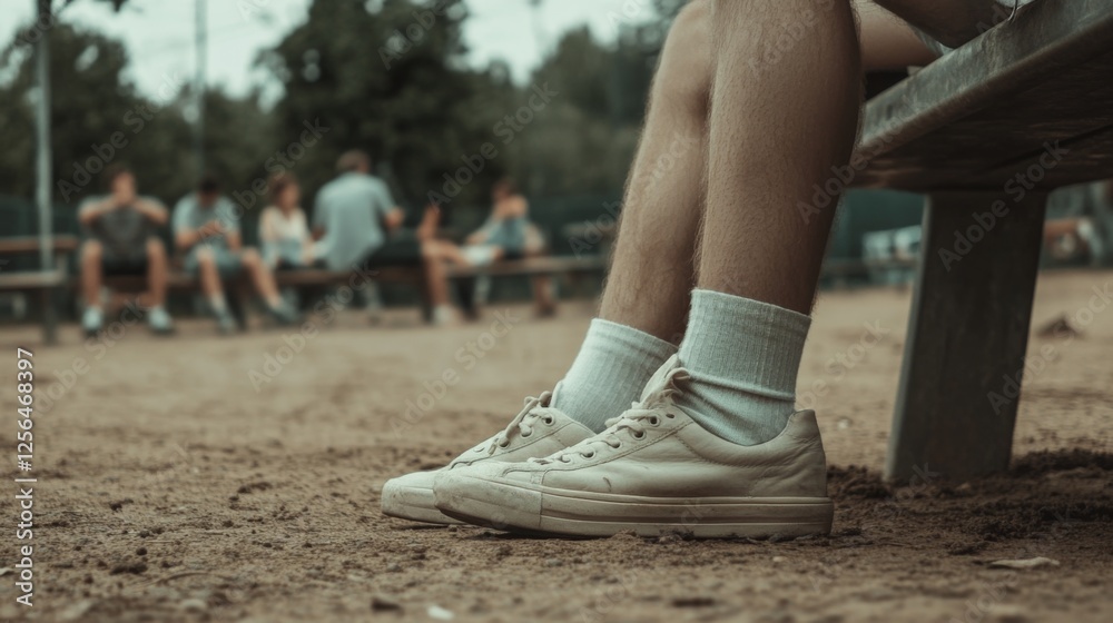 Man's legs on park bench, friends chatting, sandy ground Man's legs on park bench, friends chatting, sandy ground