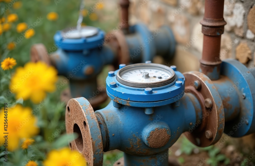 Close-up of blue water meter with rusty flanges surrounded by yellow flowers. Piping system on blurred background, water consumption gauge. Water supply technology, measure, infrastructure in Cyprus