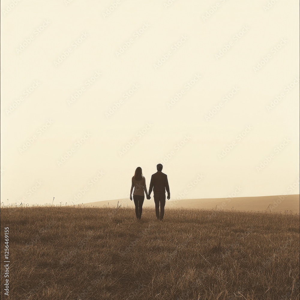Silhouetted couple walking hand in hand across a serene landscape at sunset, suggesting unity and tranquility. Silhouetted couple walking hand in hand across a serene landscape at sunset, suggesting unity and tranquility.