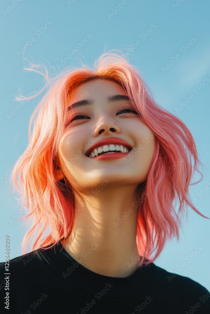 Fototapeta premium Happy young woman with pink hair smiling into the camera outdoors
