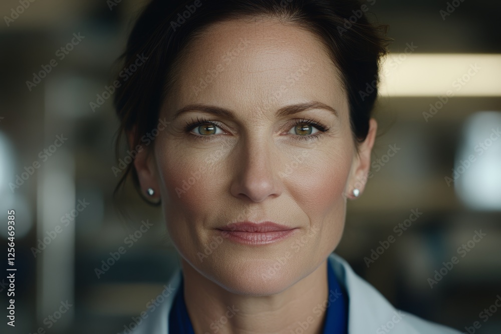 Naklejka premium Confident caucasian female adult doctor with calm demeanor in professional setting