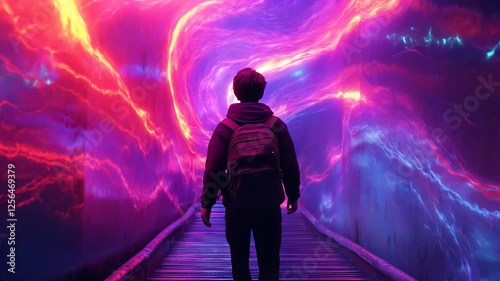 Surreal journey through a colorful portal in an artistic landscape