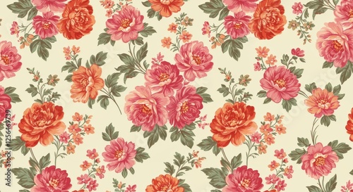 Wallpaper Mural A seamless floral pattern featuring vibrant pink, orange and red flowers with delicate green leaves Torontodigital.ca