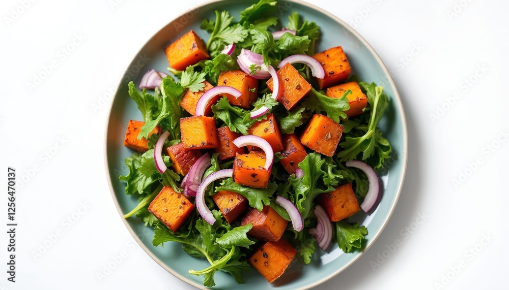 Overhead vibrant salad with roasted sweet potato, arugula, onion. Colorful dish with fresh leafy greens, herbs, balanced vegetarian lunch, dinner. Healthy lifestyle, clean eating, dietary nutrition. Overhead vibrant salad with roasted sweet potato, arugula, onion. Colorful dish with fresh leafy greens, herbs, balanced vegetarian lunch, dinner. Healthy lifestyle, clean eating, dietary nutrition.