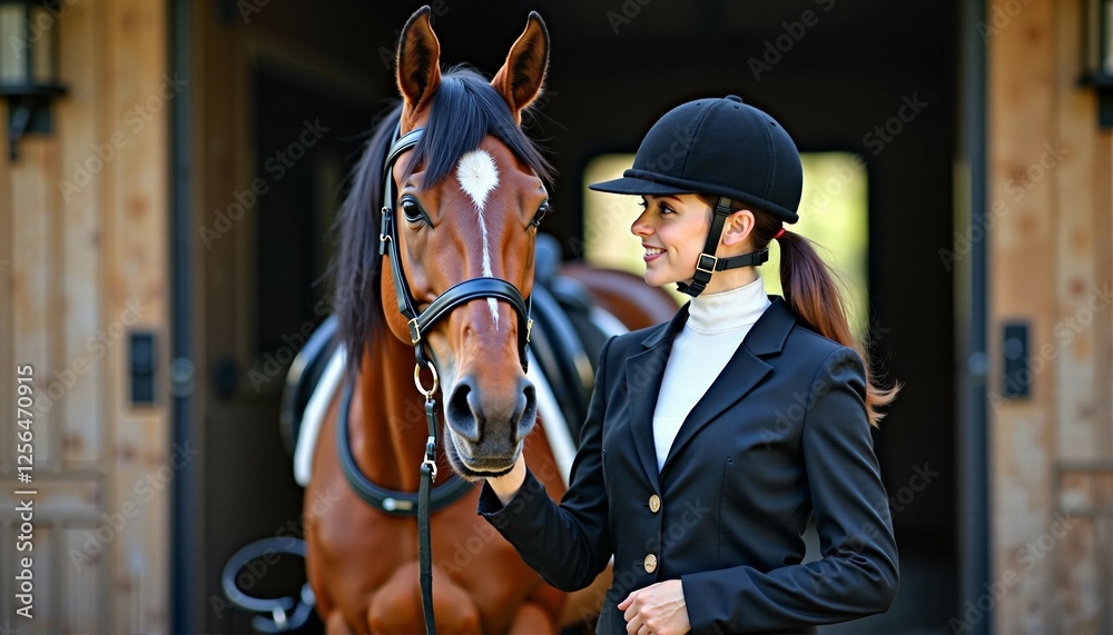 Serene Woman in Black Jockey's Attire Gently Connecting with Chestnut Horse in Wooden Stable Serene Woman in Black Jockey's Attire Gently Connecting with Chestnut Horse in Wooden Stable