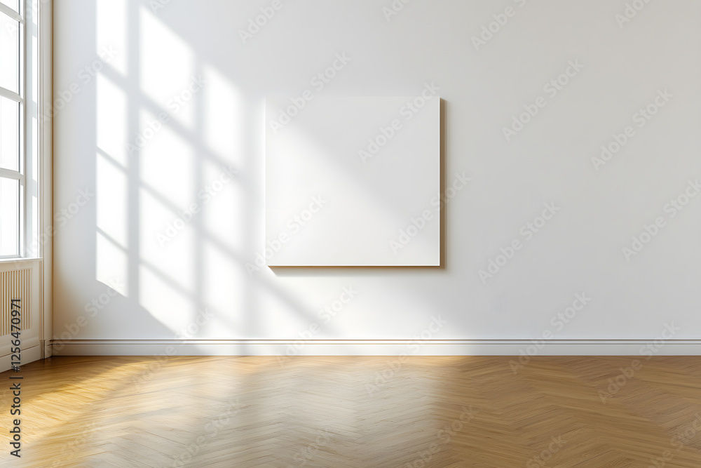 Minimalist interior with a white canvas on the wall, illuminated by sunlight streaming through a window, creating a bright and airy atmosphere. Minimalist interior with a white canvas on the wall, illuminated by sunlight streaming through a window, creating a bright and airy atmosphere.