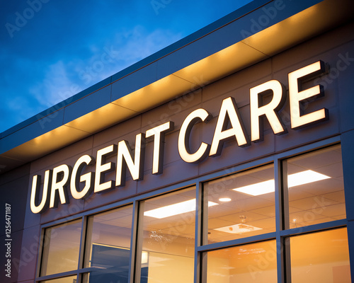 A close-up view of an illuminated urgent care facility sign during the evening, symbolizing healthcare services and medical emergency care. photo