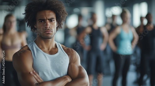 Annoyed gym-goer dealing with overcrowded facilities. Featuring a fitness center with limited equipment availability