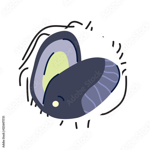 Vector illustration of an abstract dark purple mussel shell with stylized lines and a soft interior, representing seafood in modern minimal flat design.