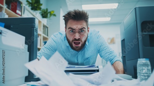 Annoyed office worker dealing with printer jams. Featuring a malfunctioning printer in an office