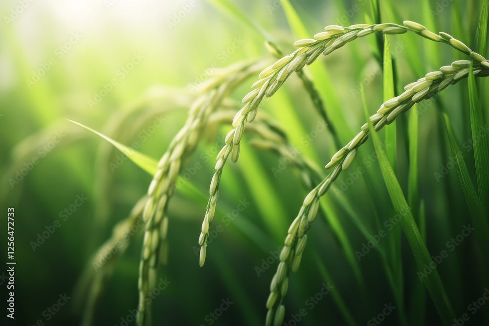 Close-up of rice plant. Featuring green rice stalks and grains. Highlighting the growth and development of rice. Ideal for agricultural and botanical visuals. Close-up of rice plant. Featuring green rice stalks and grains. Highlighting the growth and development of rice. Ideal for agricultural and botanical visuals.