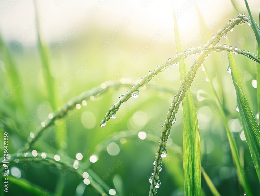 Obraz premium Close-up of rice plants with dewdrops in a field. Featuring morning dew on green rice stalks. Highlighting natural beauty and freshness. Ideal for nature and agricultural content.