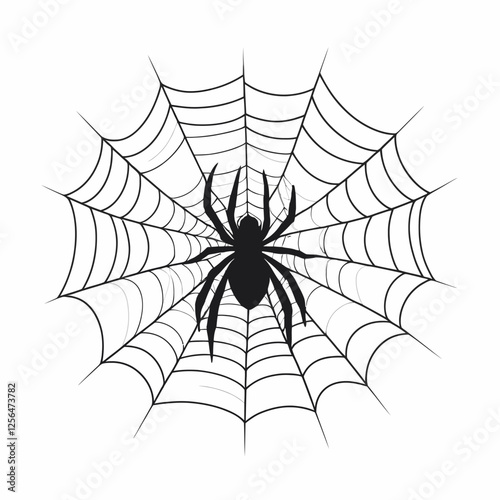 Realistic spider and spider web vector illustration. Detailed arachnid design with intricate web pattern, perfect for Halloween, horror themes, and nature graphics.