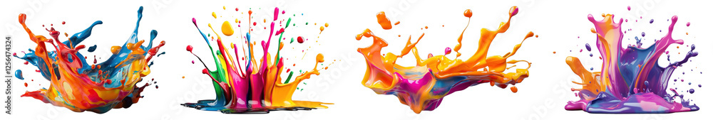 Obraz premium PNG Vibrant colorful paint splashes, element set on transparent background
