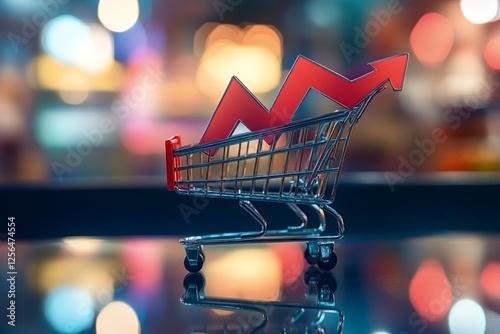 Miniature shopping cart with upward trending red arrow symbolizing increased consumer spending, sales, and economic growth against blurred night city lights