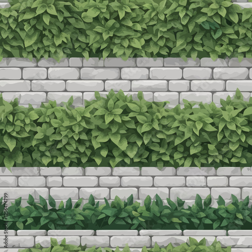 Seamless brick and stone fence vector illustration. Classic architectural garden barrier with rock tiles and columns. Ideal for outdoor design, landscaping, and construction visuals.