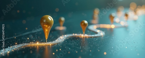 Technology roadmap illustration with golden pin pointers marking path on blue background with sparkles. infrastructure upgrades, software implementation, future innovations. Strategic planning,