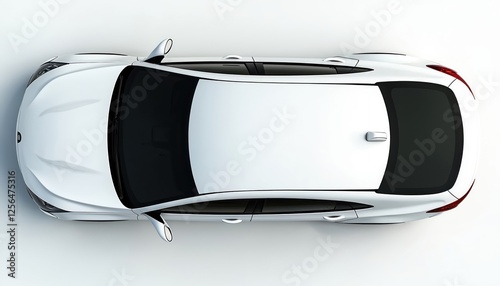 Top view of white modern sedan car on plain background shows sleek design, elegant lines. Vehicle body has smooth aero contour, metallic surface, luxury model. Automotive industry demo.