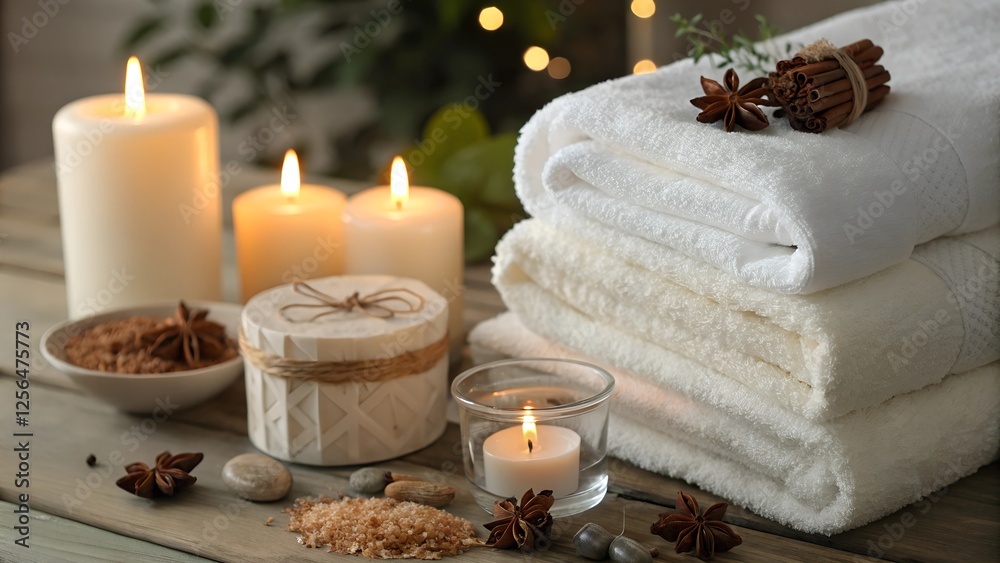 Neatly folded white towels surrounded by burning candles, flowers, and spa accessories. A soft and tranquil atmosphere ideal for themes of wellness, self-care, and relaxation. Neatly folded white towels surrounded by burning candles, flowers, and spa accessories. A soft and tranquil atmosphere ideal for themes of wellness, self-care, and relaxation.