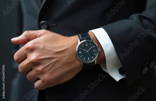 Close-up shot of elegant wristwatch on man wrist in black suit. Timepiece features leather band, round face. Modern businessman style with luxury accessory, checking time.