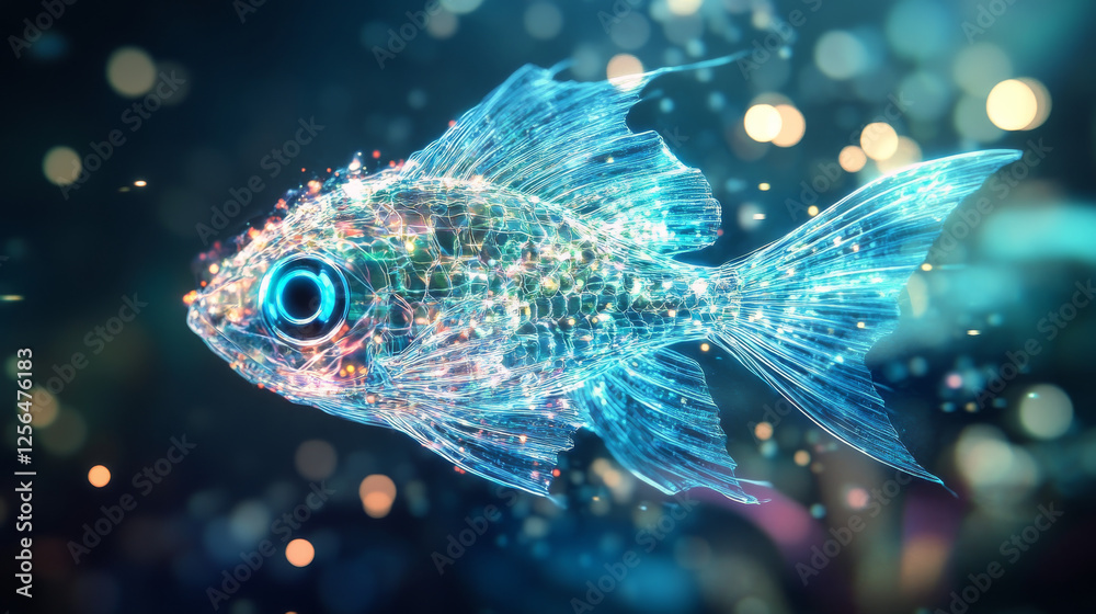 Fish hologram. Digital and technological background of the fish. Futuristic design of fish Fish hologram. Digital and technological background of the fish. Futuristic design of fish