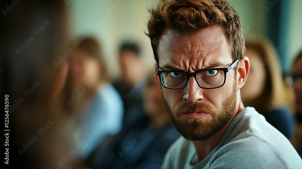 Obraz premium Annoyed participant in a chaotic meeting. Featuring a conference room with distractions