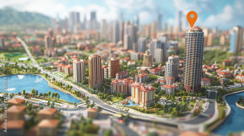 Naklejka premium Map pin pointer. 3D city.