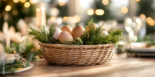 Woven Basket with Farm Fresh Eggs and Greenery in Rustic Setting