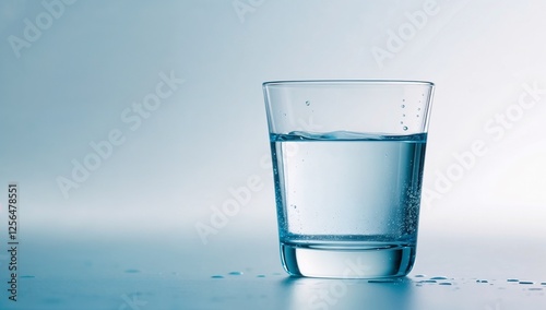 Close-up of a glass filled with clear sparkling water with bubbles against a soft blue background