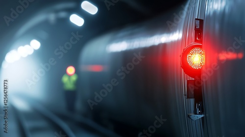 Train passing through a dimly lit tunnel with a red signal light and a worker in the background