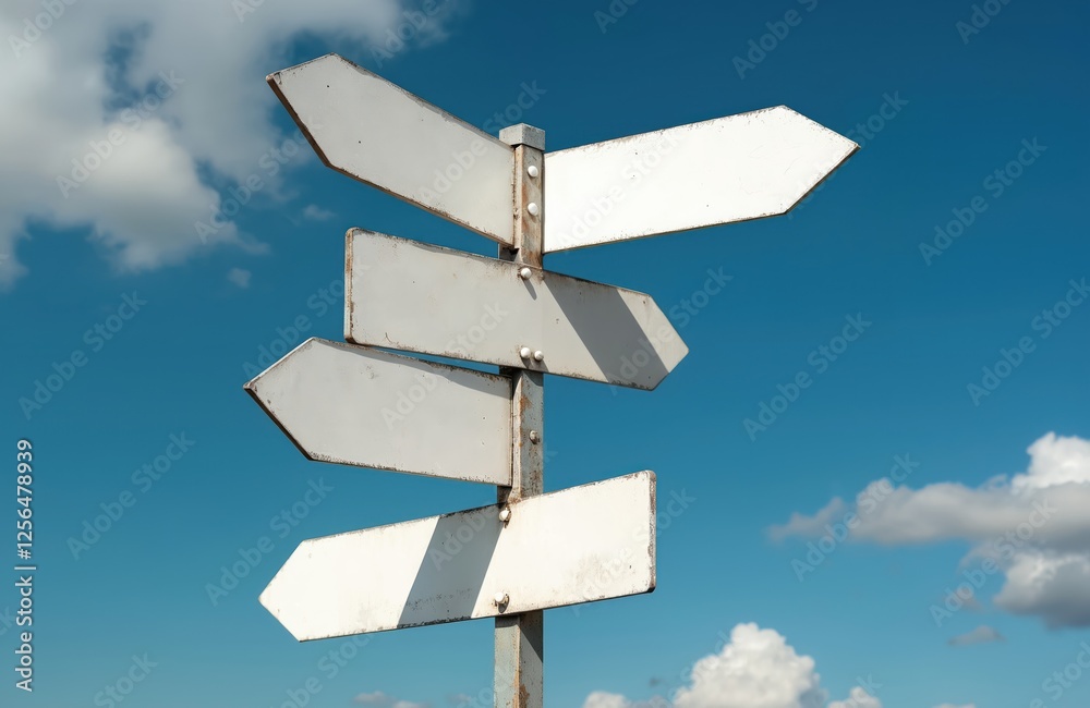 Five blank white road signs point in different directions against blue sky with scattered clouds. Signs offer guidance, choices, decisions on pathway. Clear sky background offers empty space, Five blank white road signs point in different directions against blue sky with scattered clouds. Signs offer guidance, choices, decisions on pathway. Clear sky background offers empty space,