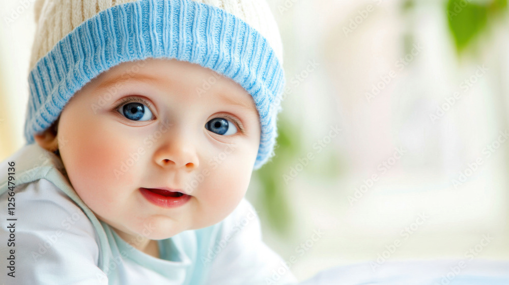 Adorable Infant Portrait: Smiling Blue-Eyed Baby in Soft Light with Cozy Decor Adorable Infant Portrait: Smiling Blue-Eyed Baby in Soft Light with Cozy Decor