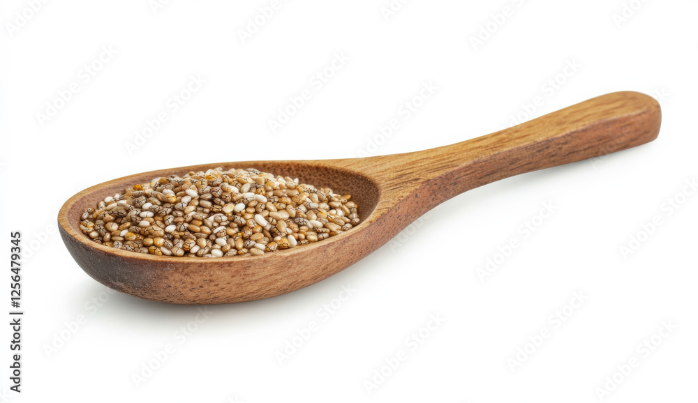 Chia seeds in a wooden spoon, isolated on a white background, in high definition. Chia seeds in a wooden spoon, isolated on a white background, in high definition.