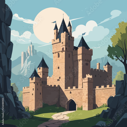 Seamless medieval stone castle wall vector featuring cracked bricks and fortress ruins. Perfect for game backgrounds, historical designs, and fantasy-themed illustrations.