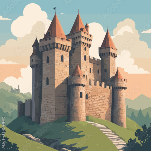 Seamless medieval stone castle wall vector featuring cracked bricks and fortress ruins. Perfect for game backgrounds, historical designs, and fantasy-themed illustrations.